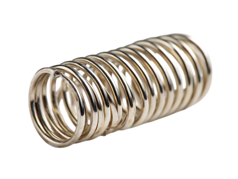 Shiny metal coil spring isolated on transparent background for mechanical applications