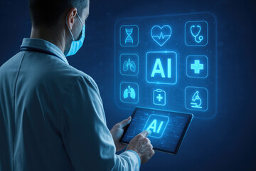Doctor wearing mask using AI medical technology interface on tablet with icons artificial intelligence