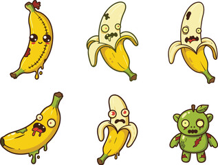 PrintFunny zombie bananas cartoon set, creepy fruit characters, undead food illustration, cute scary fruits, horror kawaii banana icons, spooky mutant produce art