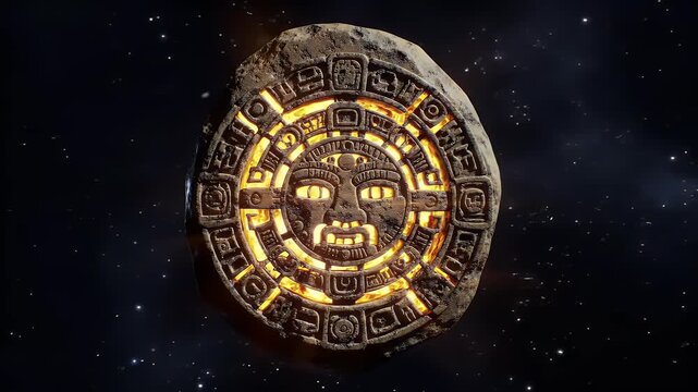 Mystical ancient Aztec sun stone calendar glowing with cosmic energy against a starry space background
