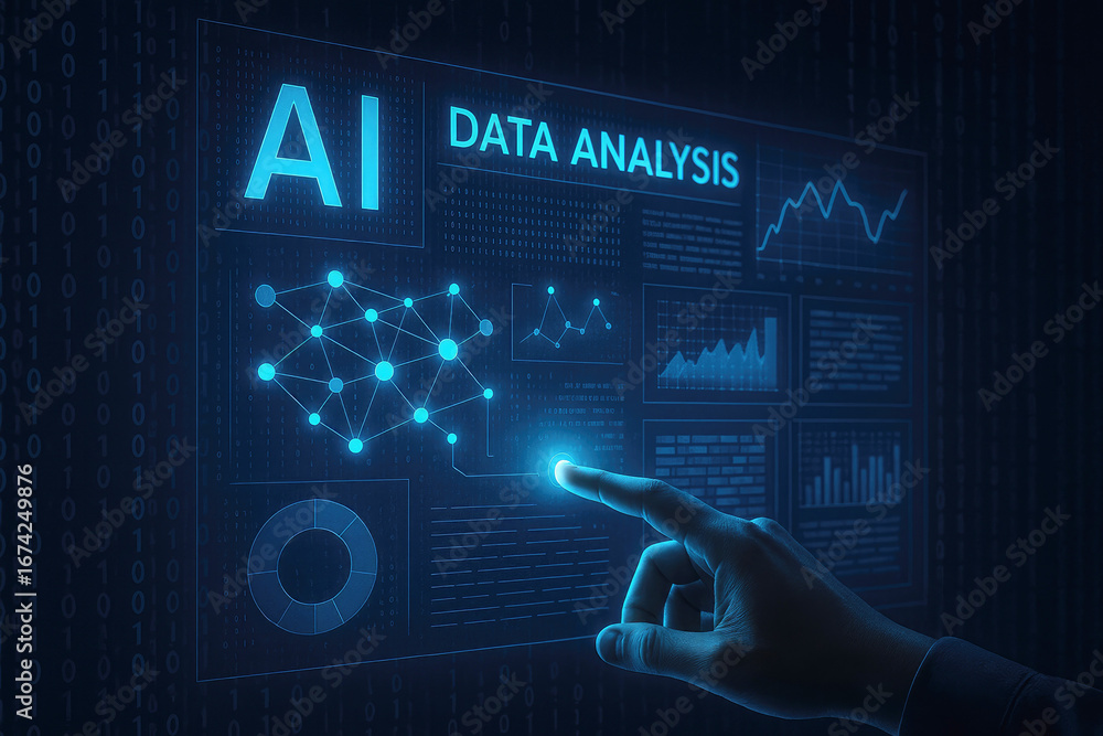 Poster finger interacting with ai data analysis interface showing graphs and networks artificial intelligen