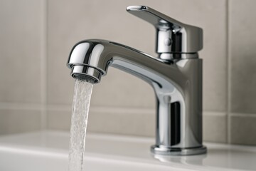 Modern chrome faucet with flowing water demonstrating plumbing quality and water systems