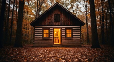 Cozy log cabin glows warmly in autumn woods, surrounded by fallen leaves