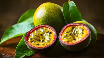 Juicy Passion Fruit Halves with Leaves on Wood