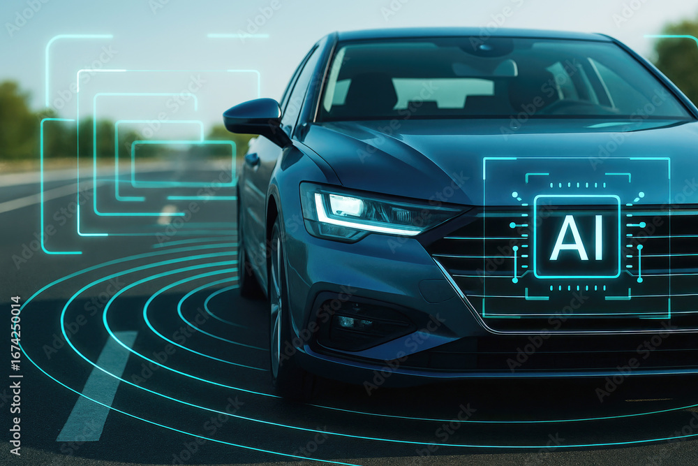 Aufkleber front view of a modern car with ai technology interface and sensor waves automobile artificial intel