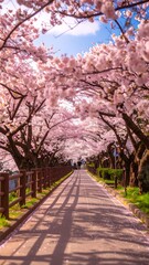 A serene pathway lined with blossoming cherry trees, bathed in soft sunlight, creating a picturesque spring scene.