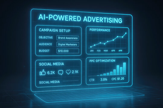 Futuristic AI advertising dashboard with campaign setup performance and social media metrics AI advertising