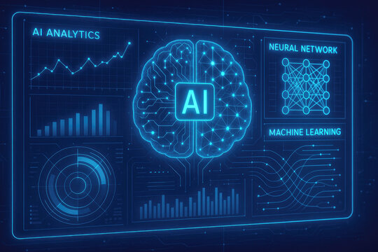 Futuristic AI analytics dashboard with brain neural network and data visualizations artificial intelligence - Powered by Adobe