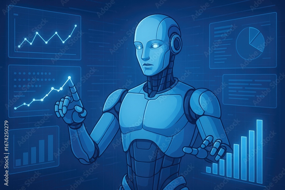 Poster futuristic robot interacting with glowing data charts and graphs on digital screens artificial intel