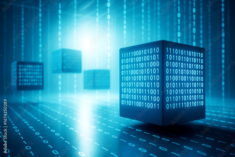 Aufkleber glowing binary code cubes floating in digital data stream technology futuristic