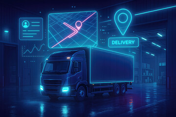 Futuristic delivery truck with glowing blue neon interface showing map and tracking data logistics transportation