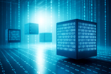 Glowing Binary Code Cubes Floating in Digital Data Stream technology futuristic