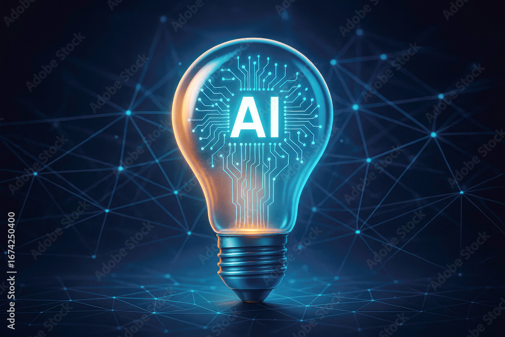 Poster glowing light bulb with ai circuit board and network connections on dark blue background artificial 