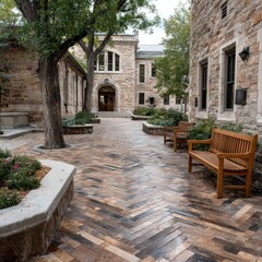 Obraz premium Courtyard with paved walkways and benches