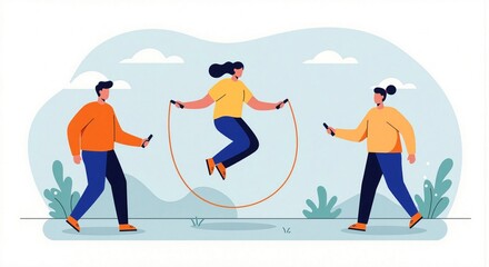Joyful friends exercising together in a vibrant park setting, showcasing teamwork and happiness as a woman skips rope with dynamic blooming energy