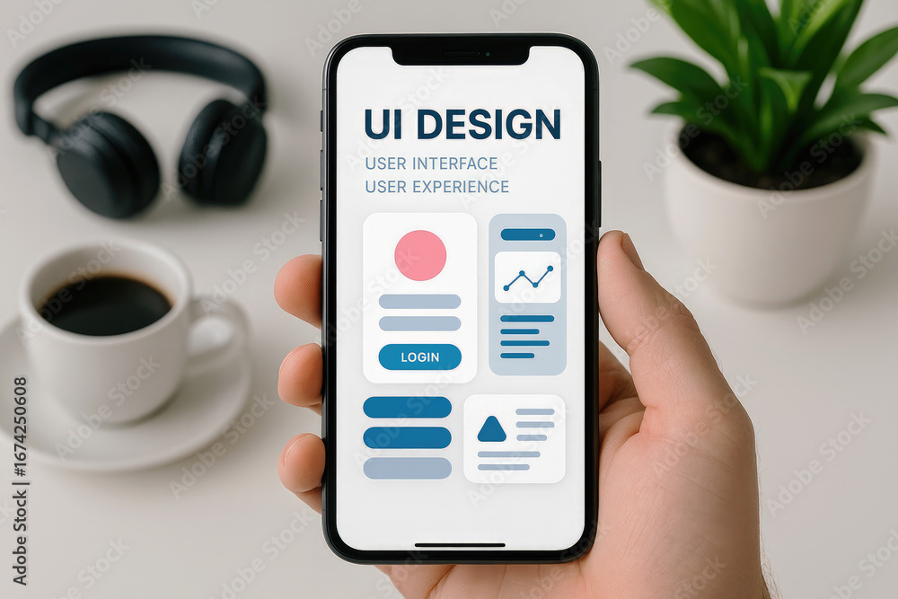 Poster hand holding smartphone showing ui design with user interface and user experience elements and coffe