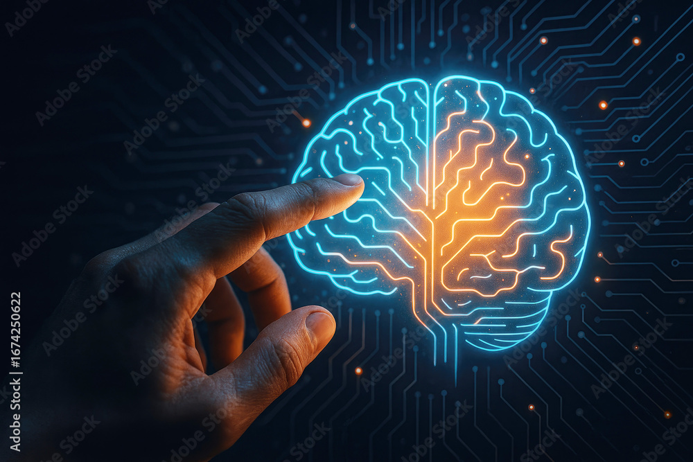 Poster hand interacting with a glowing ai brain with half blue and half orange illuminated circuits artific