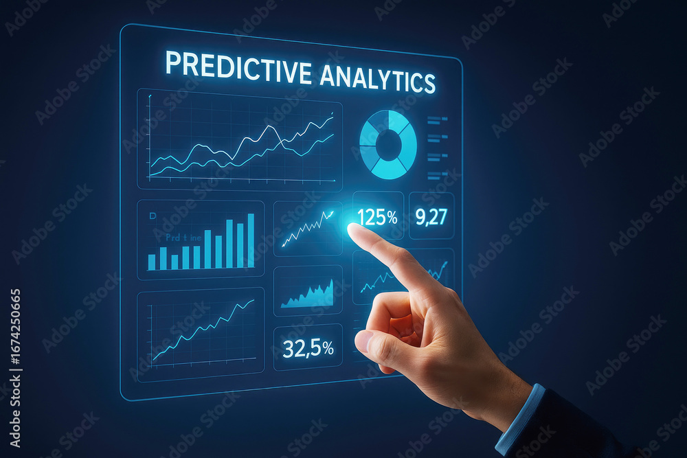Poster hand interacting with a holographic screen displaying predictive analytics charts and data graphs