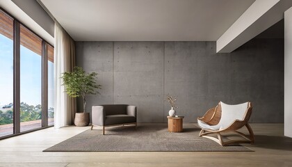 Fototapeta premium minimalist loft interior design of modern living room accent lounge chair against stucco wall and concrete column wood concrete design wood design concrete architecture wall floor modern