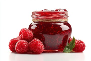 Berry jam. Raspberry jam in a jar isolated on transparent background. Raspberry confiture in glass jar on white. Fresh berries. Sweet dessert, homemade marmalade. Menu design, banner template, cooking