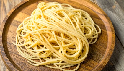A mound of uncooked spaghetti rests on a rustic wooden platter, showcasing its light golden hue and textured strands.