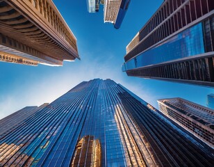 Naklejka premium looking up at tall skyscraper office buildings and surrounding architecture in sydney city from a unique perspective skyscraper city building skyscraper downtown business architecture cityscape