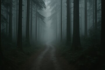 Naklejka premium Mystical fog-covered pathway leading into unknown forest depths creating atmosphere of uncertainty and wonder