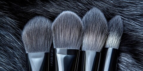 close-up of makeup brushes on black fur textured background for beauty and cosmetics photography
