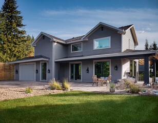 modern grey house exterior with spacious porch and landscaped yard in daytime