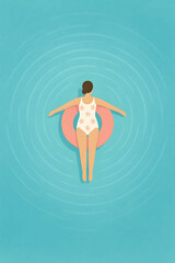 Minimalist Illustration of a Woman Floating on a Pink Pool Ring in Calm Blue Water Viewed from Above