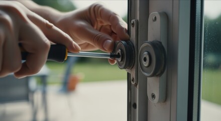 Obraz premium Side angle showing adjustment of sliding door rollers with a screwdriver to ensure proper door alignment and function.