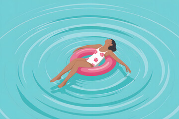 Minimalist Digital Illustration of a Woman Relaxing on a Pink Float in Calm Blue Water with Rippling Circles