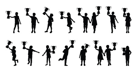Silhouette set of children holding winning trophy different poses isolated flat vector graphic. 