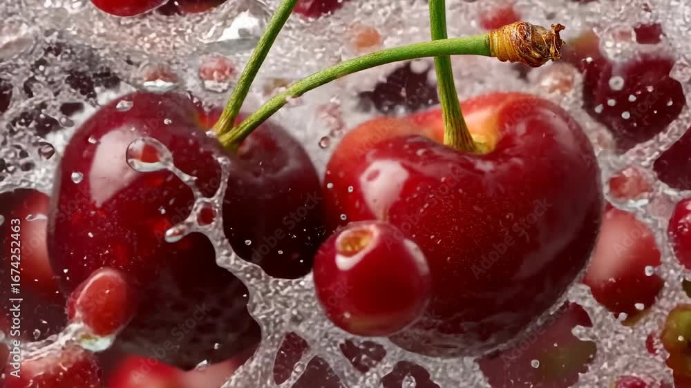 Poster fresh cherries splash into water creating bubbles and droplets in a vibrant close-up showcasing thei