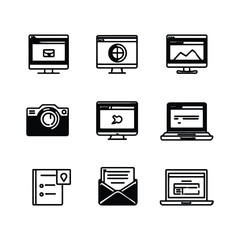 Collection of black and white icons depicting computer screens camera and other office elements on white