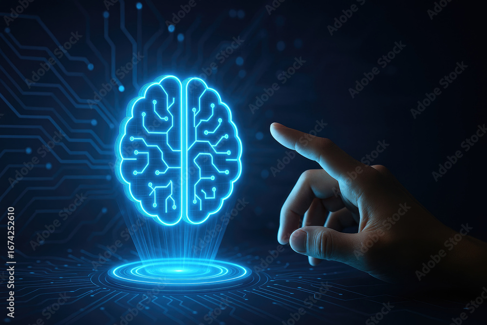 Aufkleber human finger touching a glowing ai brain hologram on a digital circuit background artificial intelli