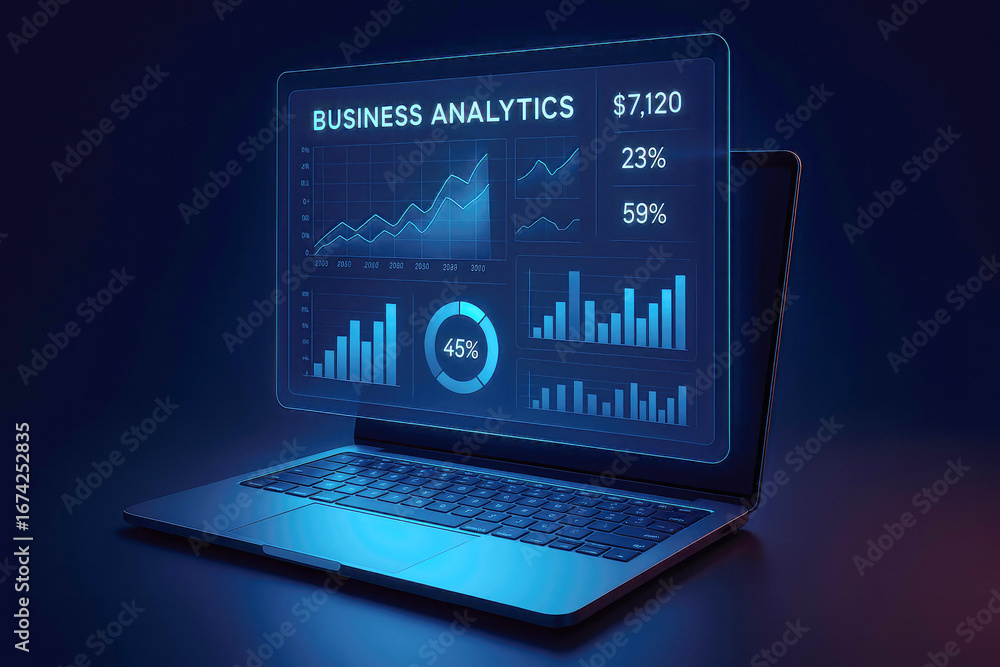 Aufkleber laptop displaying glowing blue business analytics charts and graphs with data computer screen