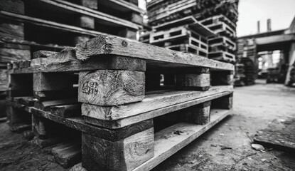 Stacked wooden pallets in grayscale