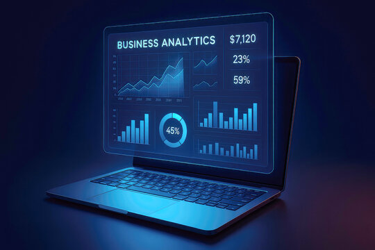 Laptop displaying glowing blue business analytics charts and graphs with data computer screen