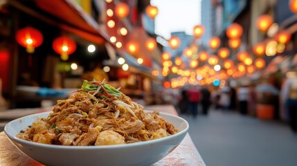 Authentic street food experience: delicious noodles in vibrant Asian night market setting