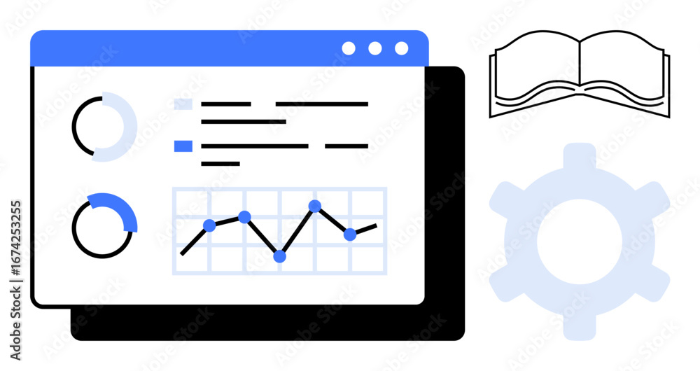 Aufkleber data dashboard displaying charts, graphs, and analytics grids next to gear and book icons. ideal for