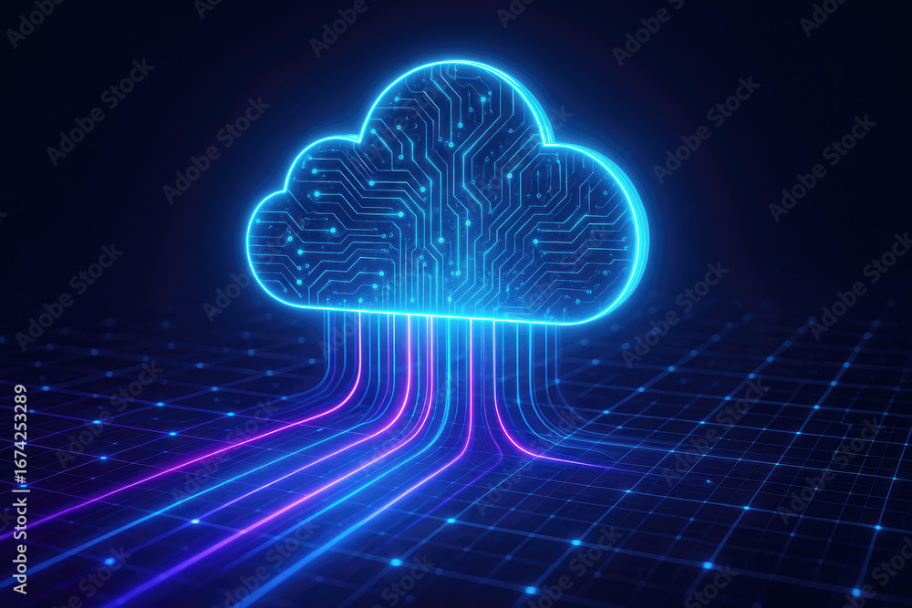 Aufkleber neon blue and pink cloud symbol made of circuitry with data streams computing technology