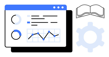 Data dashboard displaying charts, graphs, and analytics grids next to gear and book icons. Ideal for business, education, technology, learning, research planning innovation. Flat simple metaphor