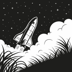 Fototapeta premium A black and white illustration of a space shuttle taking off into the night
