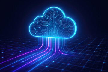 Neon Blue and Pink Cloud Symbol Made of Circuitry with Data Streams computing technology