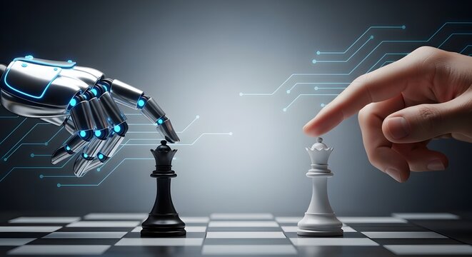 AI vs Human Intelligence: Robot and Human Hand Playing Chess