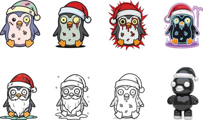 PrintZombie Christmas Penguin Characters in Santa Hats, Cute and Creepy Holiday Vector Collection for Stickers, Games, Comics, and Winter Art