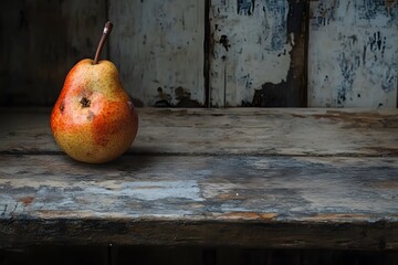 Rustic Still Life, Single Ripe Pear on Weathered Wood