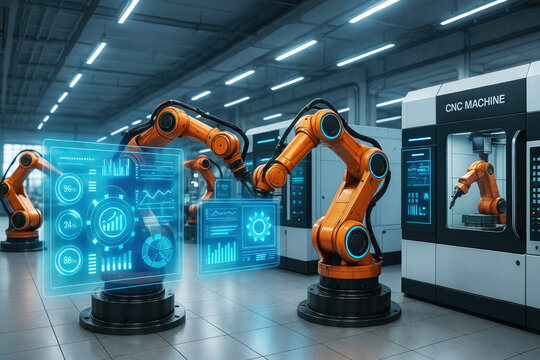 Orange Robotic Arms Interacting with Futuristic Holographic Data Displays in a Modern Factory automation