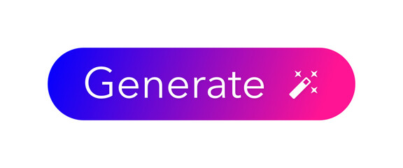 A modern Call to Action (CTA) button for Generative AI. A clean UI element 'Generate' button with vibrant purple to pink gradient, a magic wand symbol for UX design. A component for software, websites
